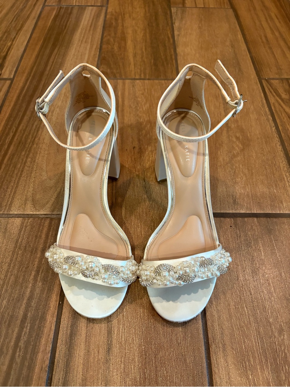 Kelly & Katie Ivory Pearl-Embellished Ankle-Strap Block Heels